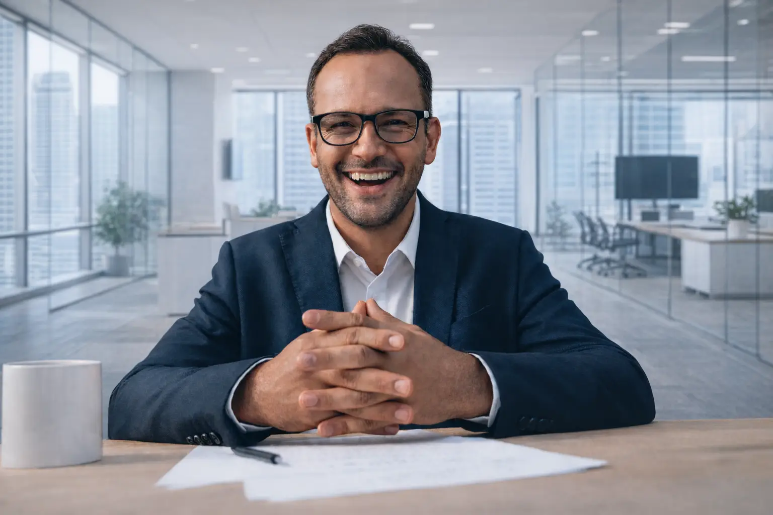 Foto 3 Man lachend achter bureau Veilig sociaal en psychologisch werken